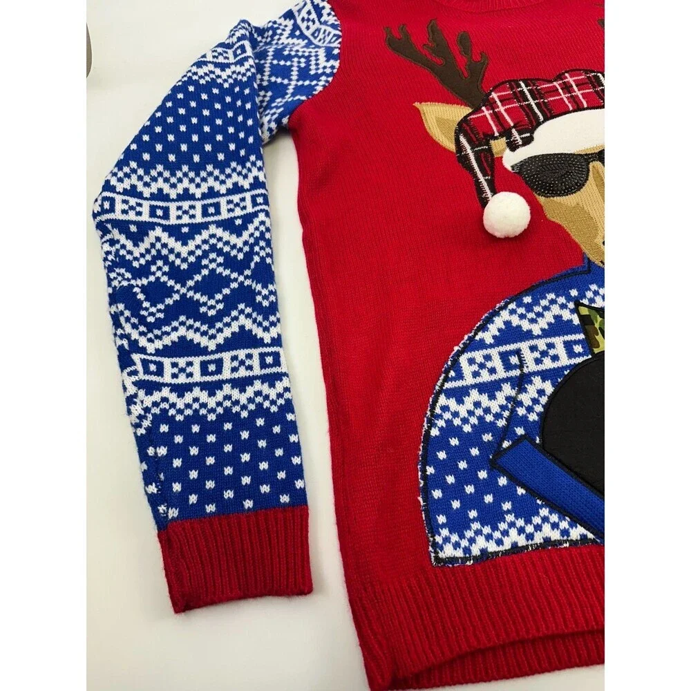Jolly Sweaters Christmas Sweater‎ Deer Drink Pouch Camo Red Fair Isle Blue Large